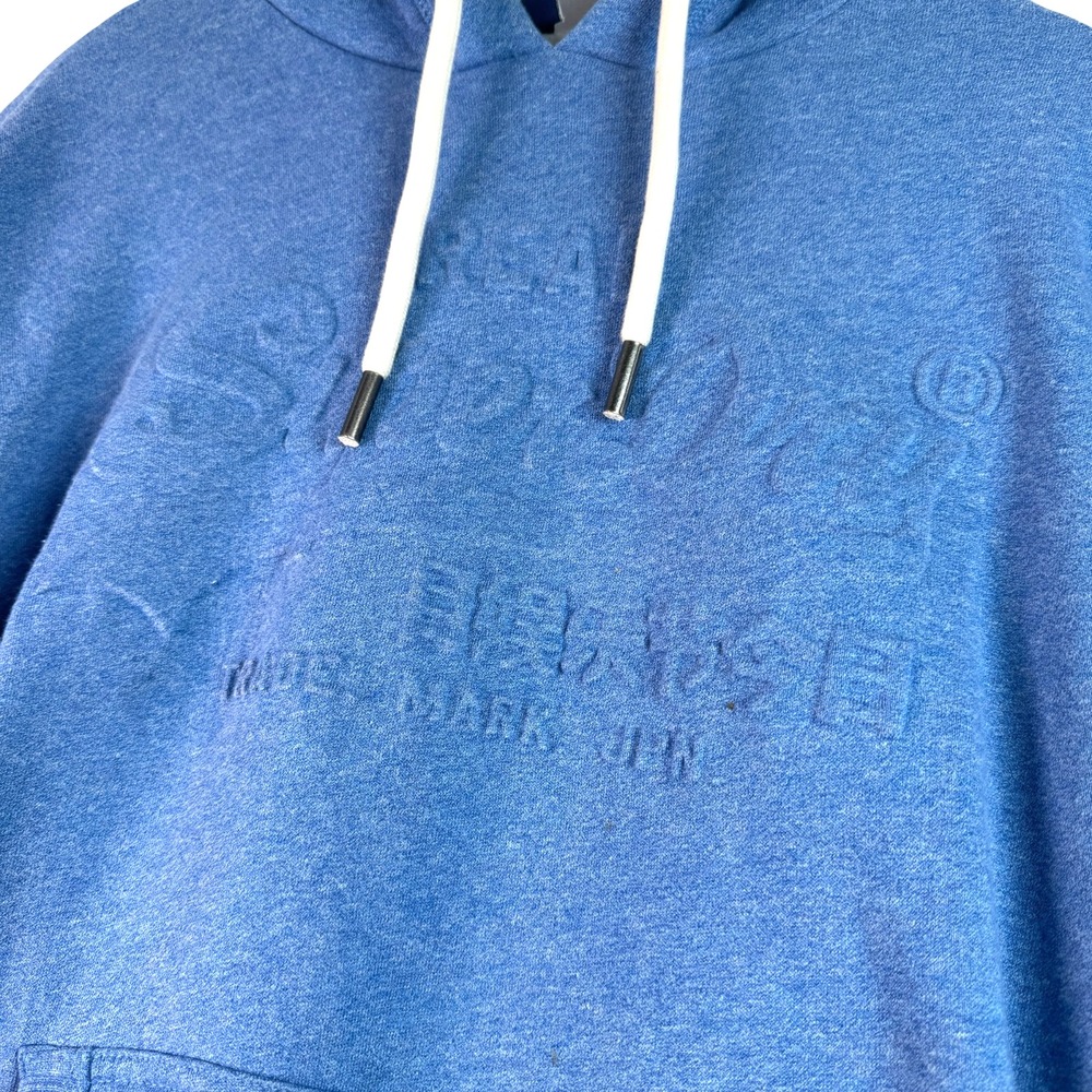 Vintage Superdry Mens Tokyo Logo Hoodie Blue on Blue Pullover Hoodie Sz L Large - Picture 2 of 5